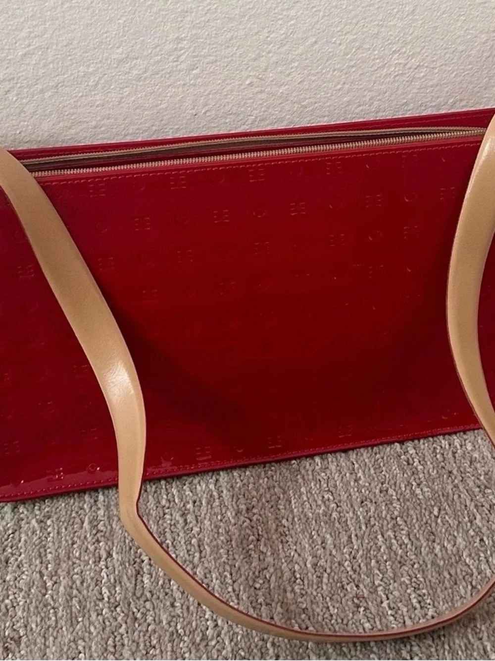 Red Patent Leather Tote with Tan Straps